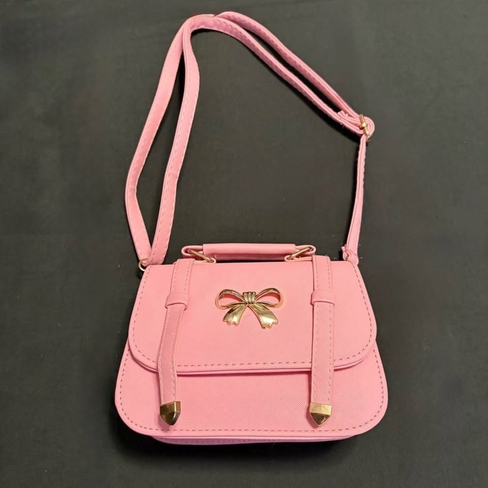 Pink Mini Satchel Crossbody Bag Gold Bow Top Handle Kawaii Coquette Purse EUC
